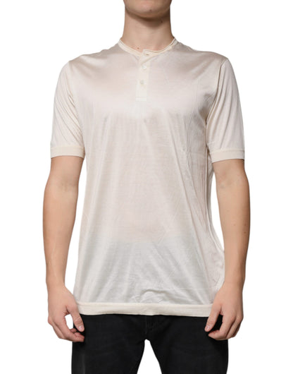 Dolce &amp; Gabbana – Henley-T-Shirt aus Seide in Off-White mit kurzen Ärmeln