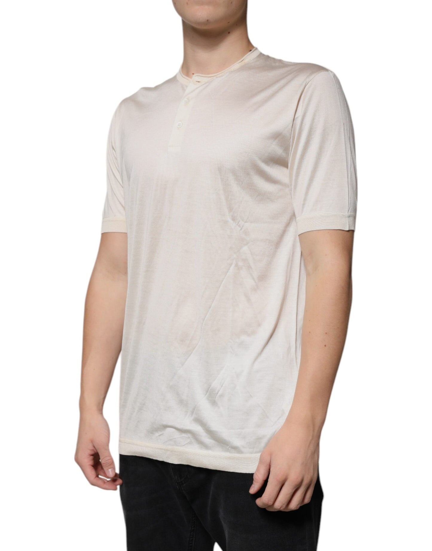 Dolce &amp; Gabbana – Henley-T-Shirt aus Seide in Off-White mit kurzen Ärmeln