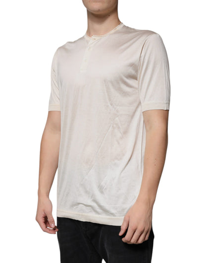 Dolce &amp; Gabbana – Henley-T-Shirt aus Seide in Off-White mit kurzen Ärmeln