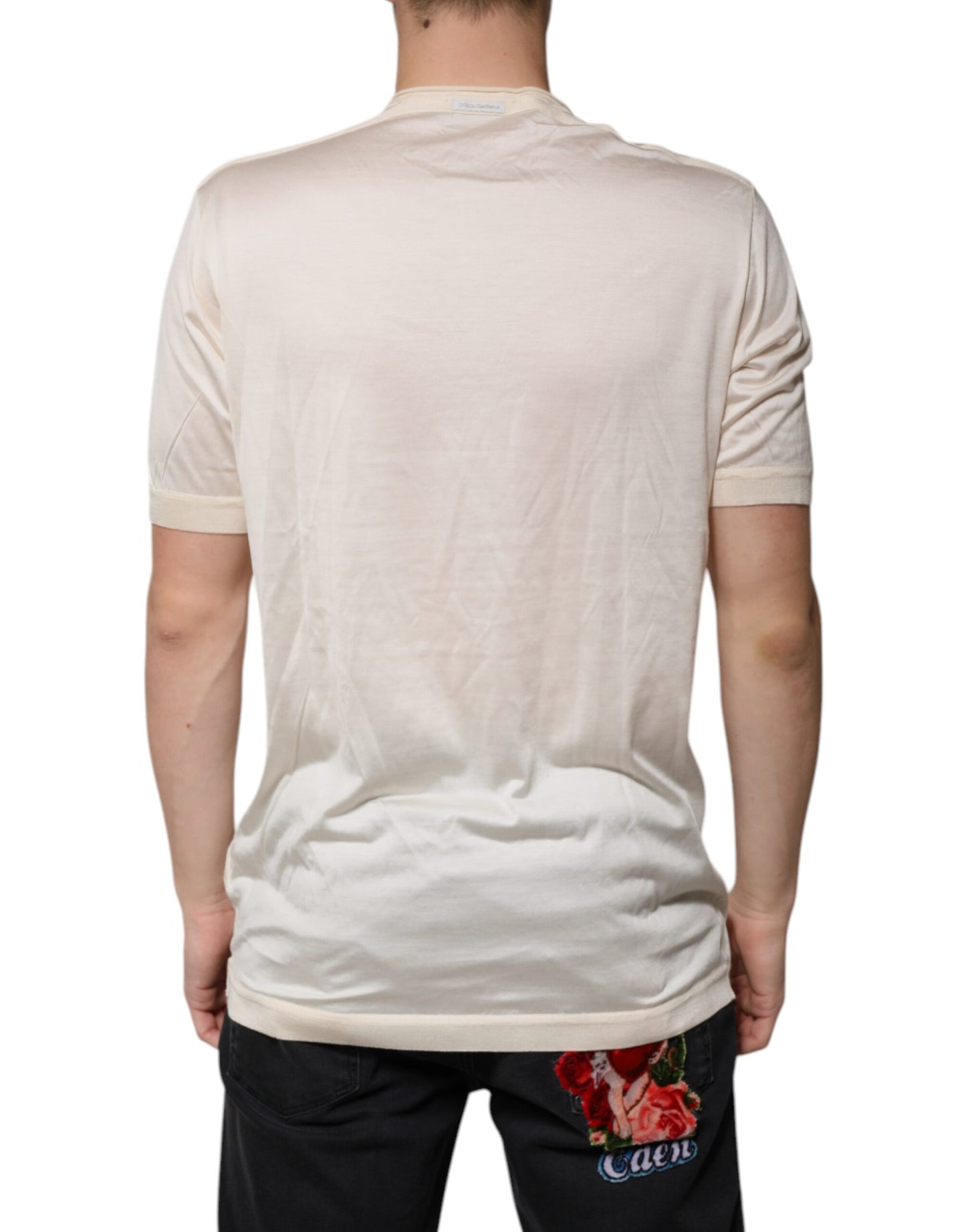 Dolce &amp; Gabbana – Henley-T-Shirt aus Seide in Off-White mit kurzen Ärmeln