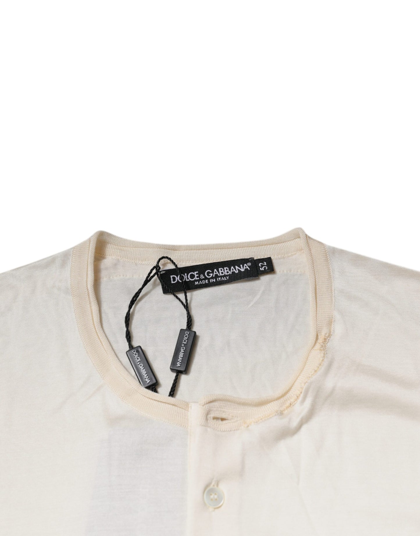 Dolce &amp; Gabbana – Henley-T-Shirt aus Seide in Off-White mit kurzen Ärmeln