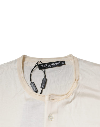 Dolce &amp; Gabbana – Henley-T-Shirt aus Seide in Off-White mit kurzen Ärmeln
