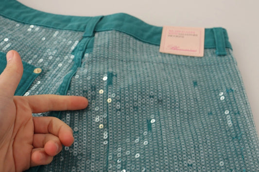 Blumarine – Cadet Blue – Kurze Hose mit Pailletten und niedriger Taille