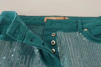 Blumarine – Cadet Blue – Kurze Hose mit Pailletten und niedriger Taille
