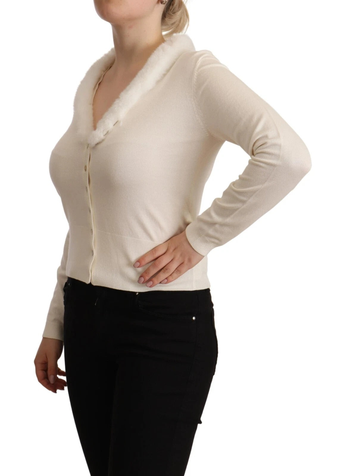 Liu Jo – Weiße Bluse aus Viskose mit langen Ärmeln und Pelz-Lammfell