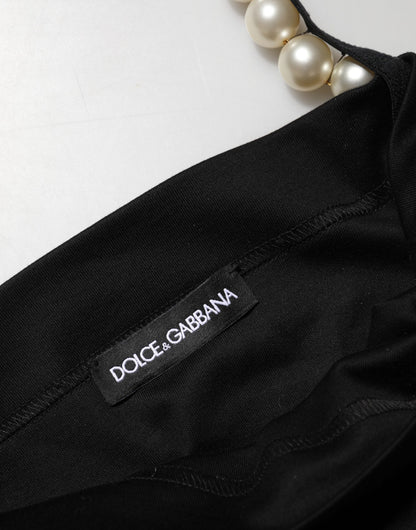 Dolce &amp; Gabbana – Schwarzes Mini-Etuikleid aus Baumwolle mit Kunstperlen