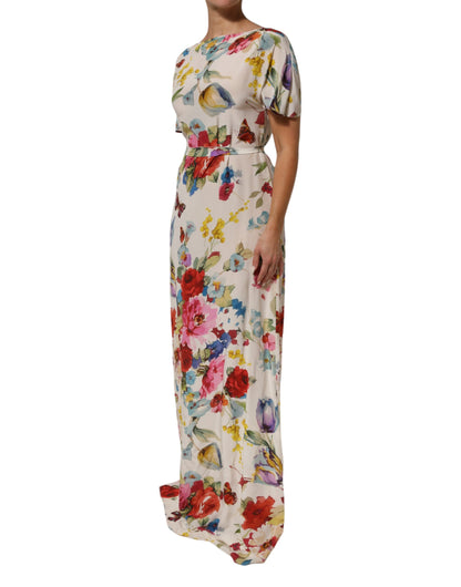 Dolce &amp; Gabbana – Langes Etuikleid aus Seide mit Blumenmuster in Weiß