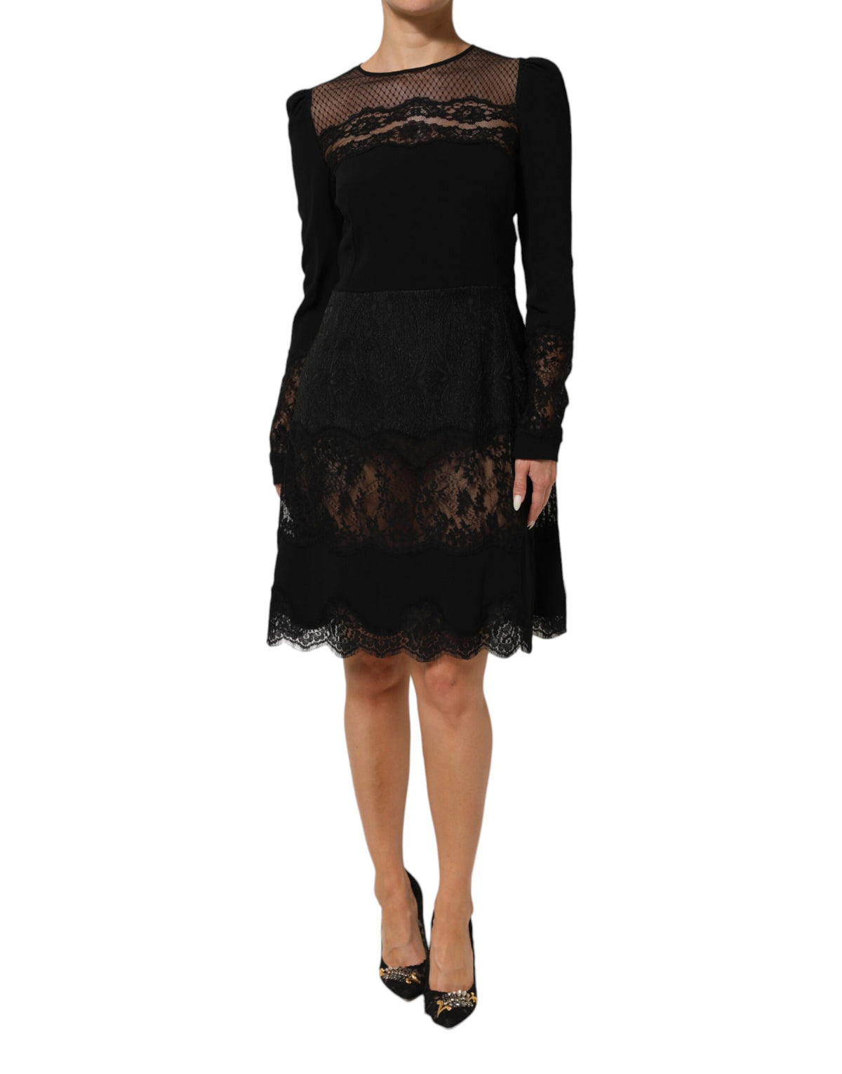 Dolce &amp; Gabbana – Schwarzes Etuikleid in A-Linie mit floralem Spitzenbesatz