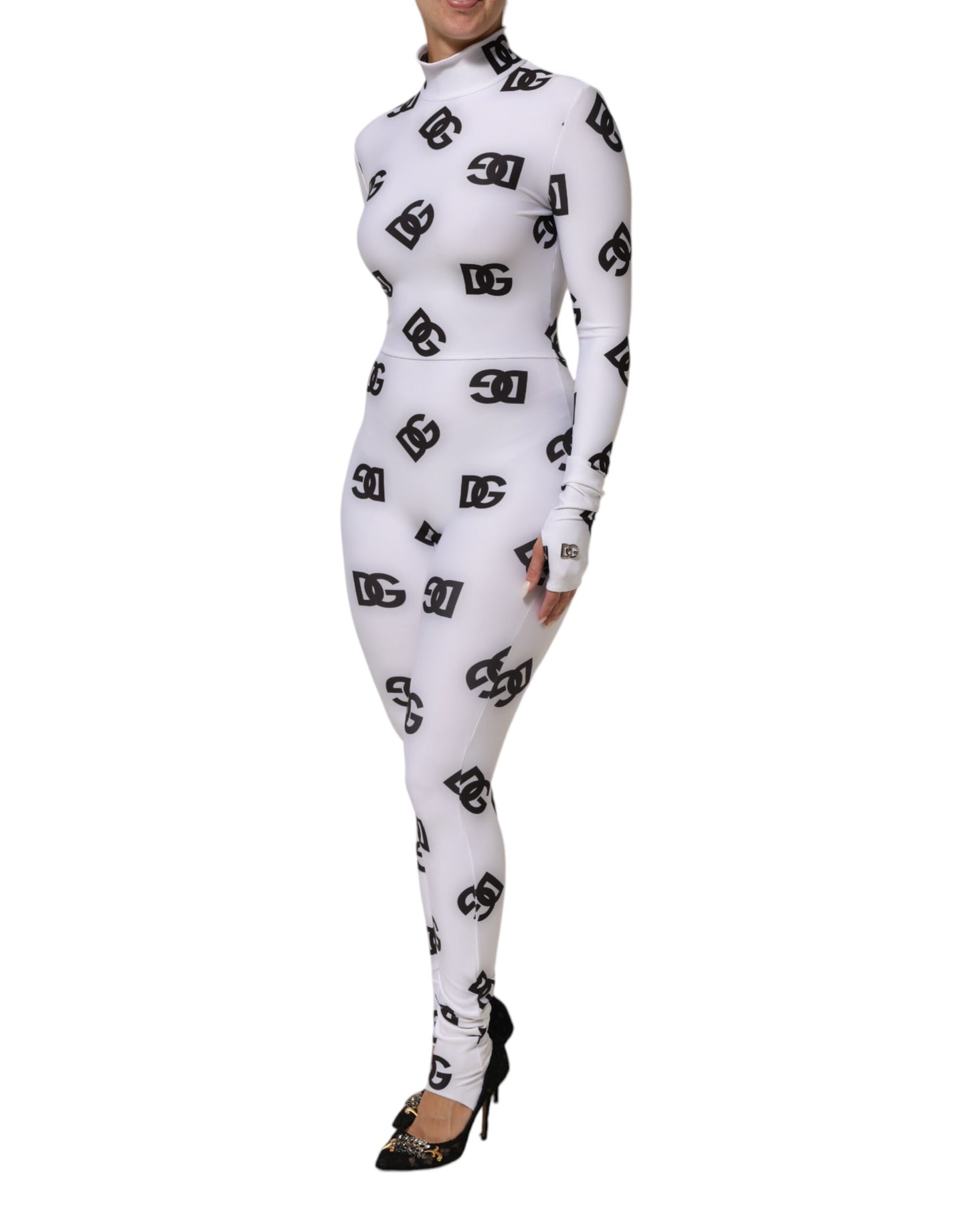 Dolce &amp; Gabbana – Langärmliges Jumpsuit-Kleid mit Logo-Monogramm in Schwarz und Weiß