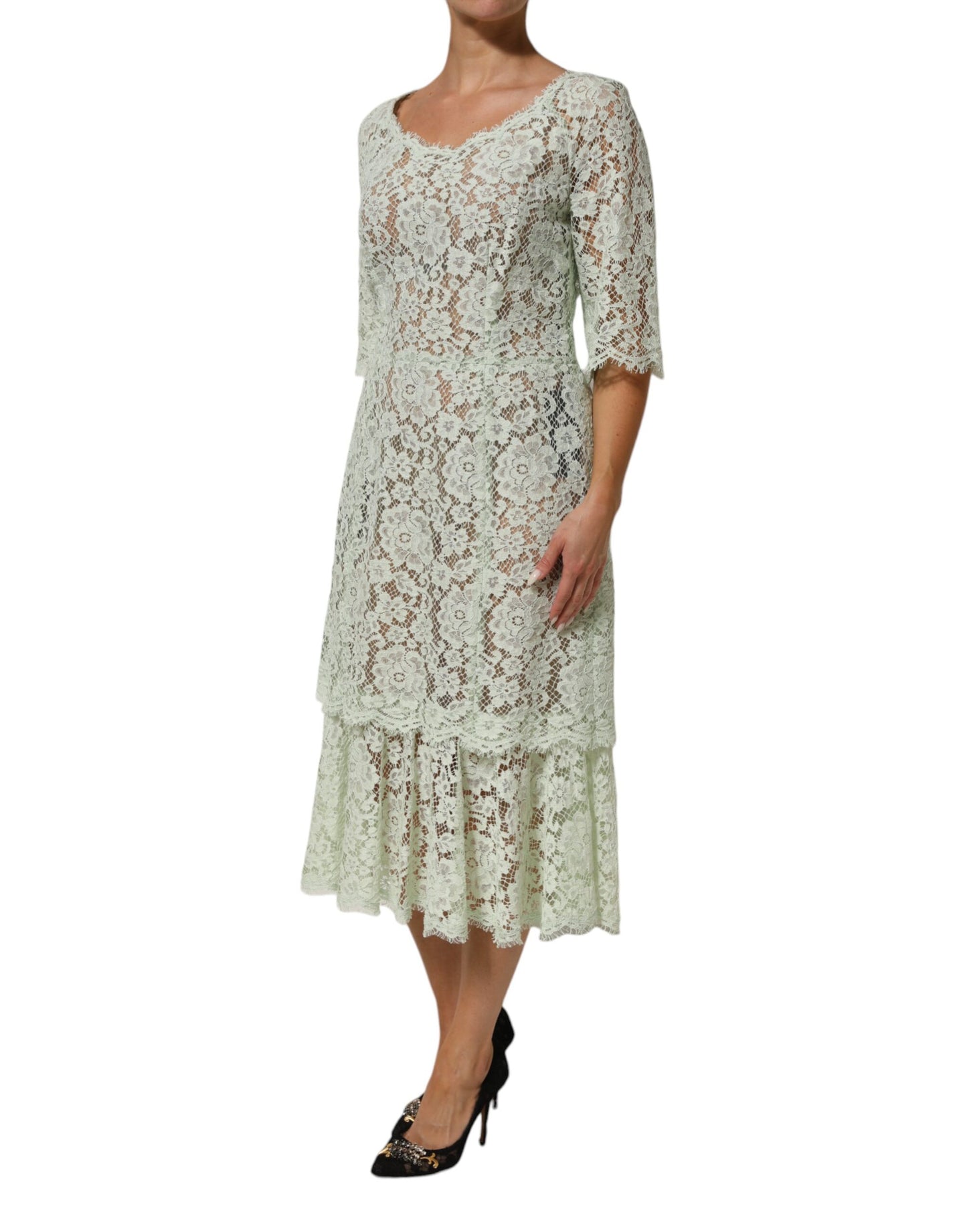 Dolce &amp; Gabbana – Mintgrünes Midikleid mit floralem Spitzenbesatz