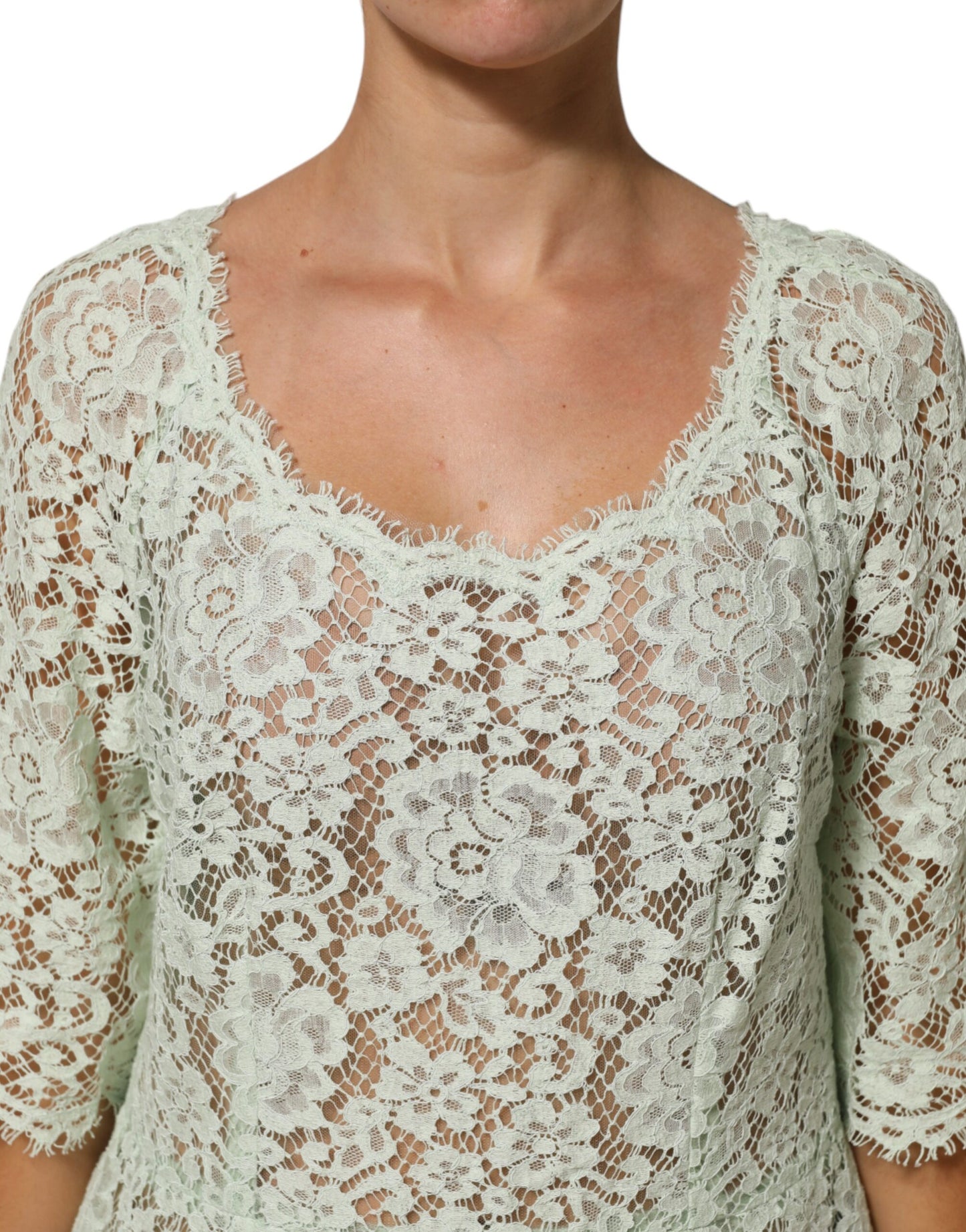 Dolce &amp; Gabbana – Mintgrünes Midikleid mit floralem Spitzenbesatz