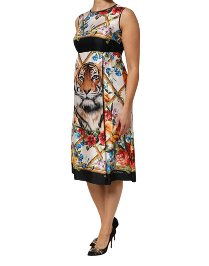 Dolce &amp; Gabbana – Weißes, ärmelloses A-Linien-Kleid mit Tiger-Blumenmuster