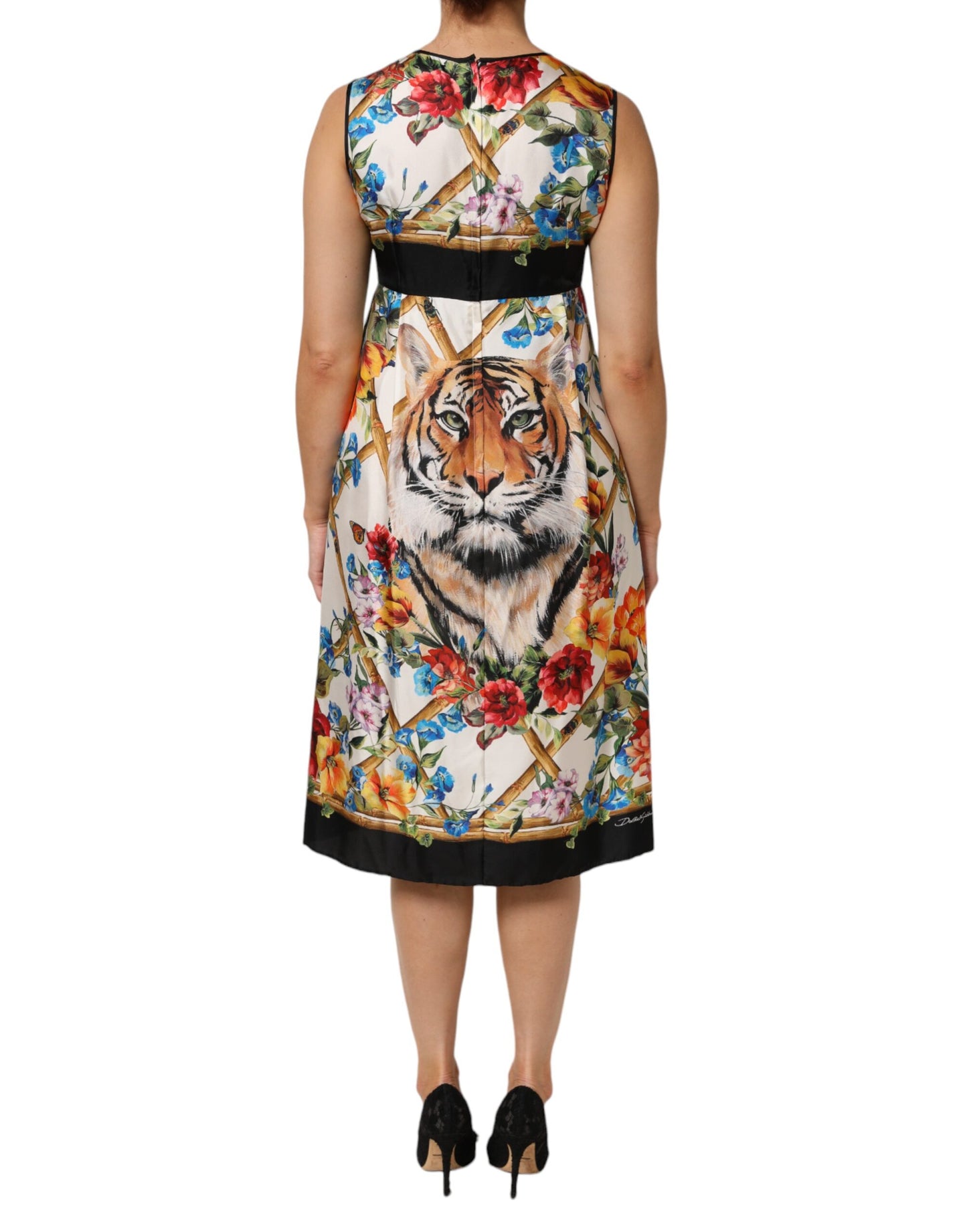 Dolce &amp; Gabbana – Weißes, ärmelloses A-Linien-Kleid mit Tiger-Blumenmuster