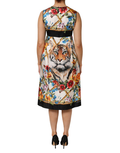 Dolce &amp; Gabbana – Weißes, ärmelloses A-Linien-Kleid mit Tiger-Blumenmuster