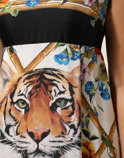Dolce &amp; Gabbana – Weißes, ärmelloses A-Linien-Kleid mit Tiger-Blumenmuster