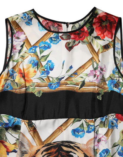 Dolce &amp; Gabbana – Weißes, ärmelloses A-Linien-Kleid mit Tiger-Blumenmuster
