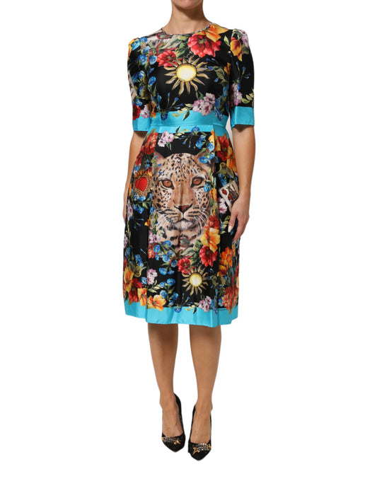 Dolce &amp; Gabbana – Schwarzes Midi-Etuikleid aus Seide mit Leopardenmuster und Blumenmuster