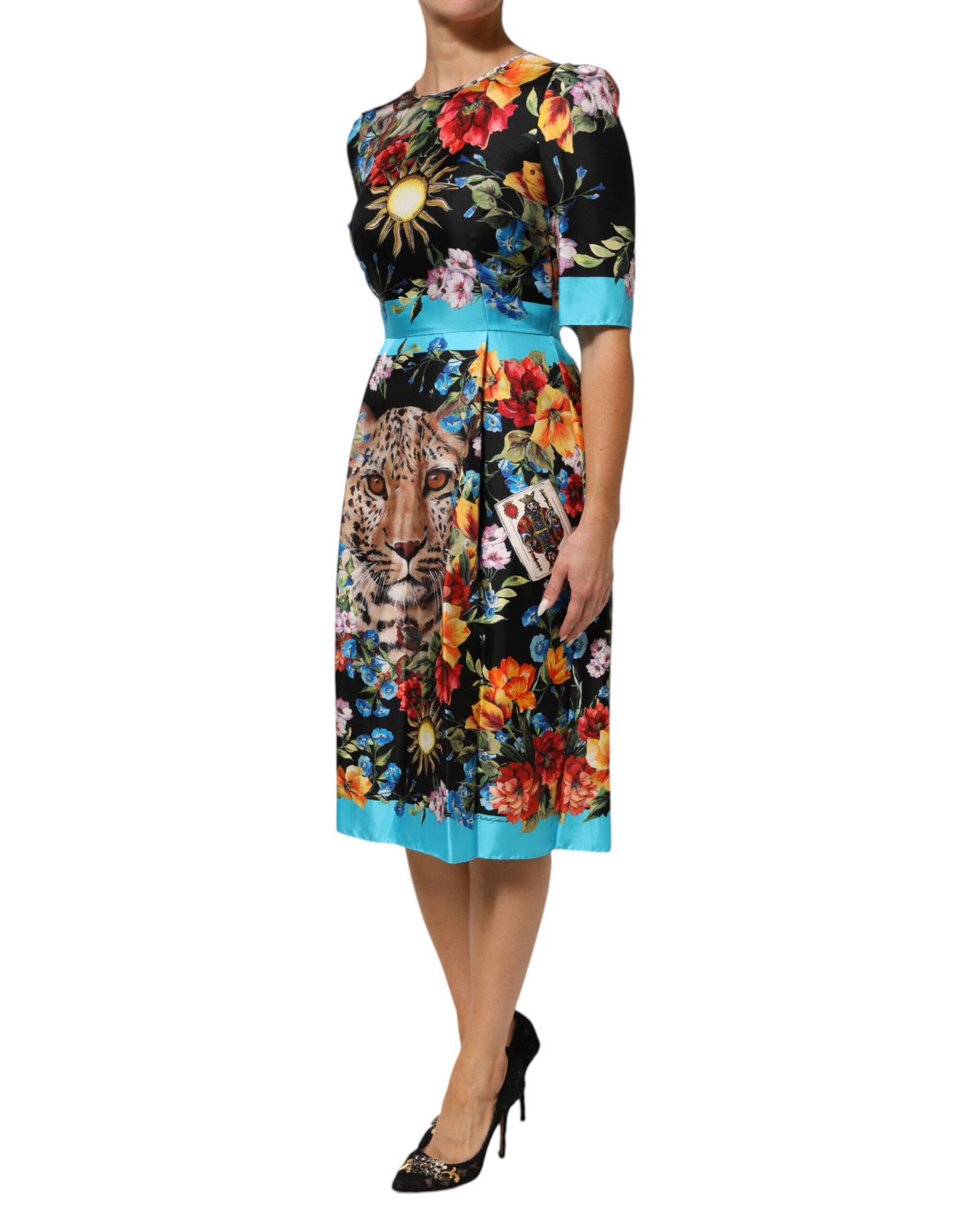 Dolce & Gabbana Black Leopard Floral Silk Sheath Midi Dress