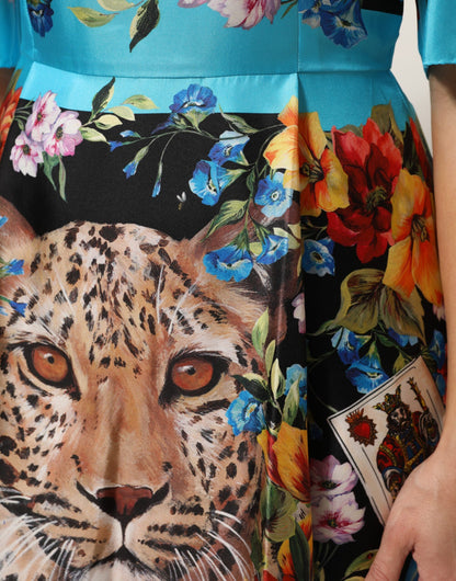 Dolce & Gabbana Black Leopard Floral Silk Sheath Midi Dress