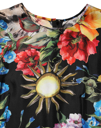 Dolce & Gabbana Black Leopard Floral Silk Sheath Midi Dress