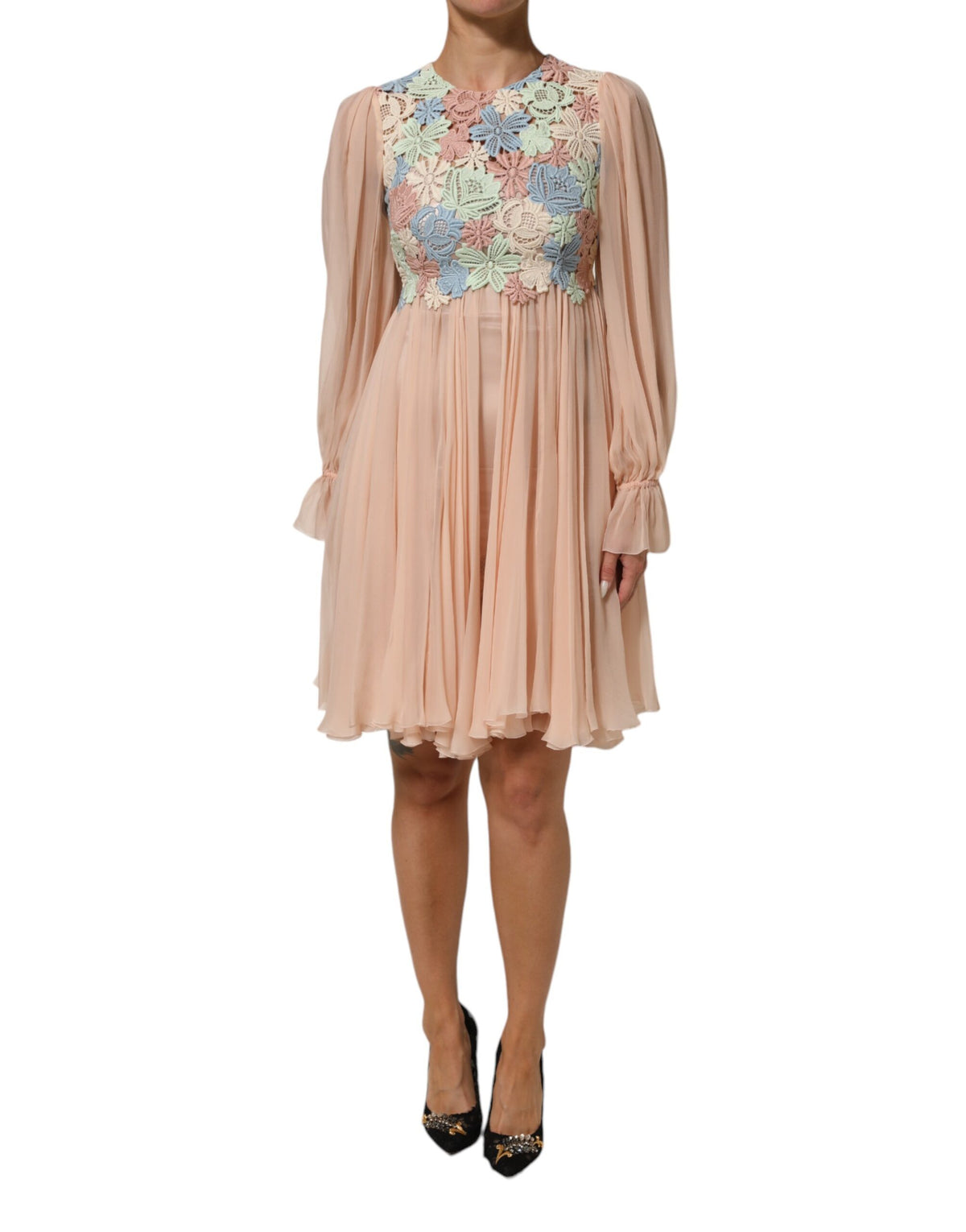 Dolce &amp; Gabbana – Plissiertes A-Linien-Kleid mit Blumenstickerei in Rosa