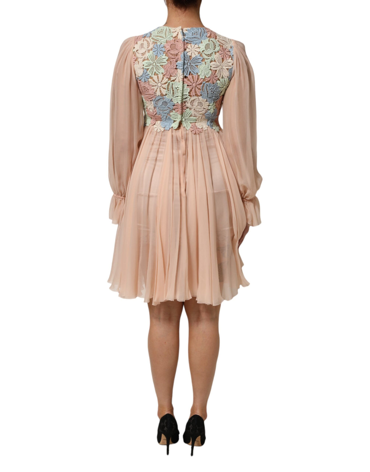 Dolce &amp; Gabbana – Plissiertes A-Linien-Kleid mit Blumenstickerei in Rosa