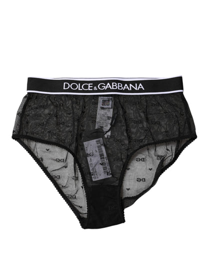 Dolce &amp; Gabbana – Hochtaillierte Slip-Unterhose aus schwarzem Nylon mit Spitze