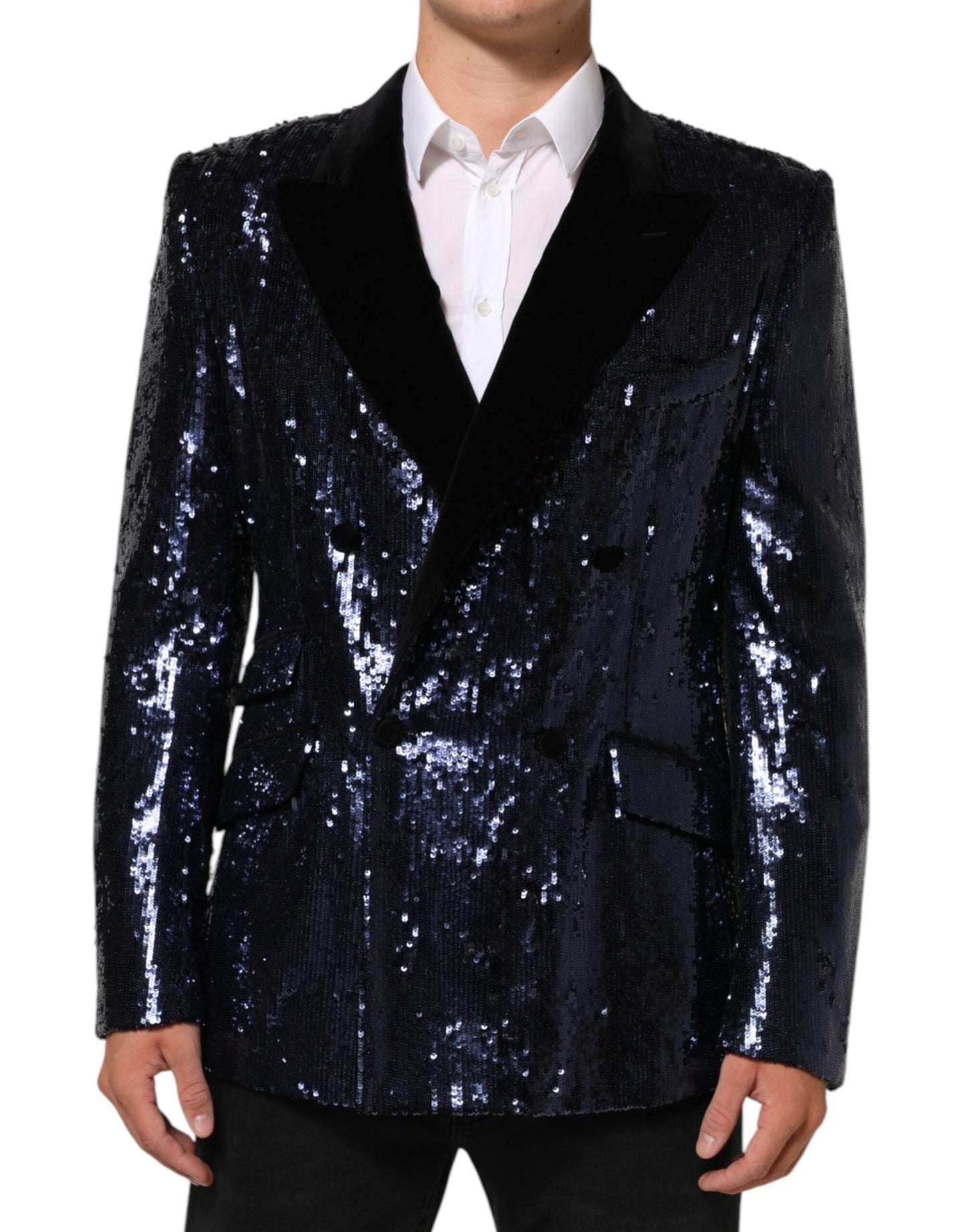 Dolce &amp; Gabbana Blauer Pailletten-Blazer SICILIA mit zweireihigem Saum