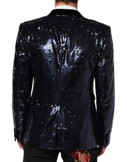 Dolce &amp; Gabbana Blauer Pailletten-Blazer SICILIA mit zweireihigem Saum