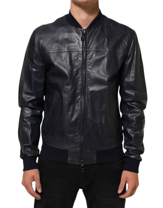 Dolce & Gabbana – Blaue Biker-Blousonjacke aus Leder mit durchgehendem Reißverschluss