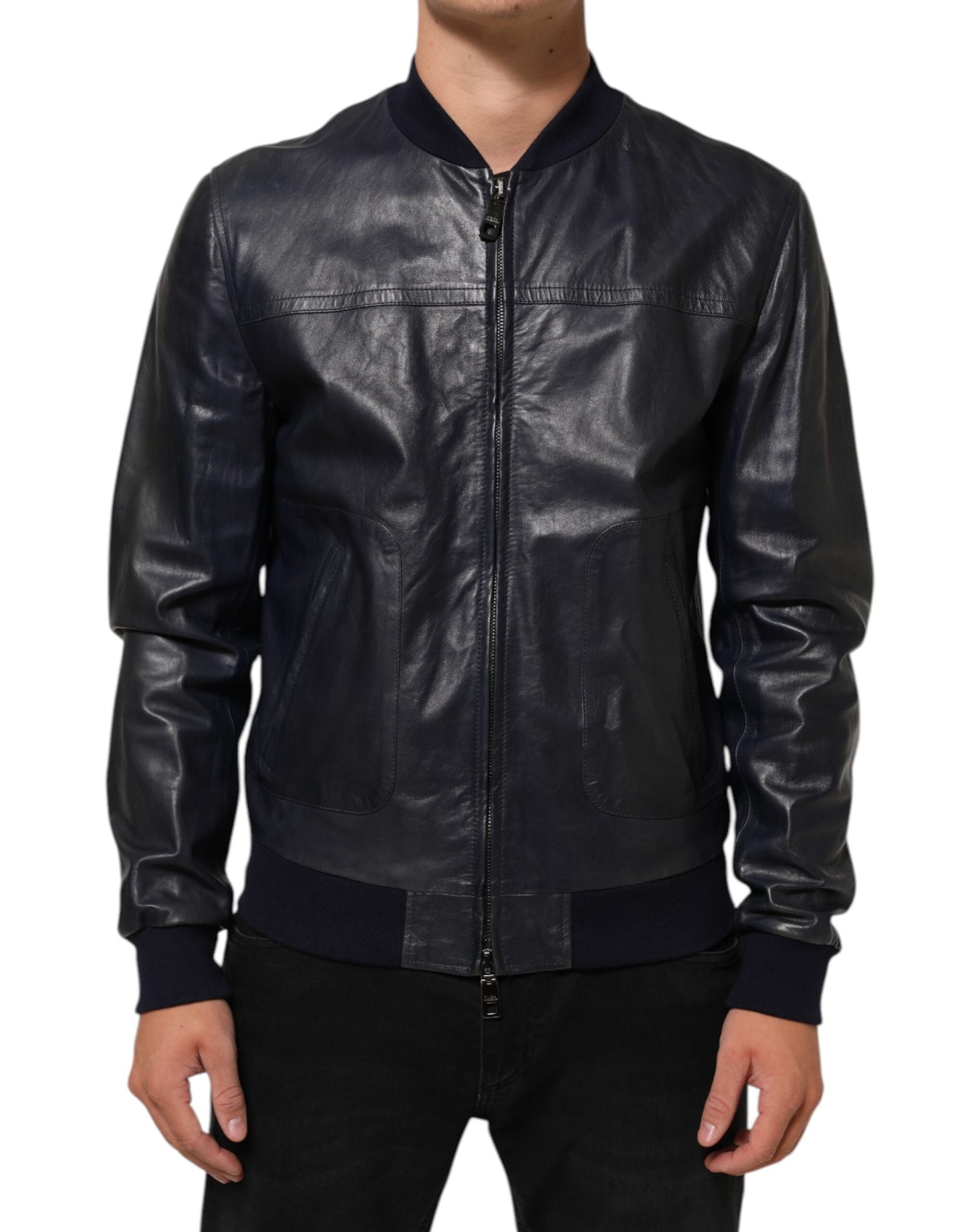 Dolce &amp; Gabbana – Blaue Biker-Blousonjacke aus Leder mit durchgehendem Reißverschluss