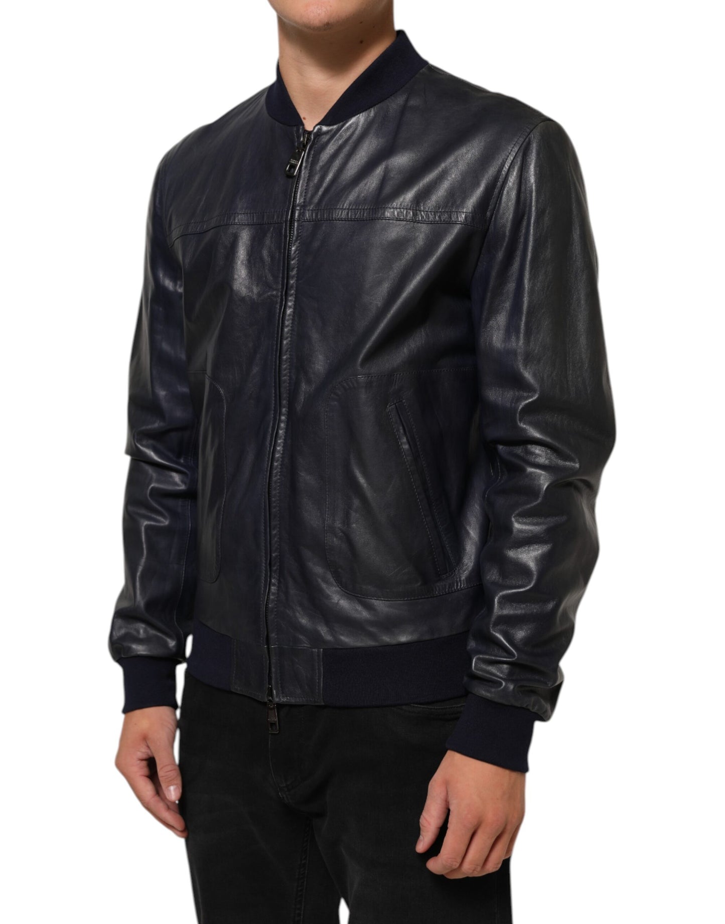 Dolce &amp; Gabbana – Blaue Biker-Blousonjacke aus Leder mit durchgehendem Reißverschluss
