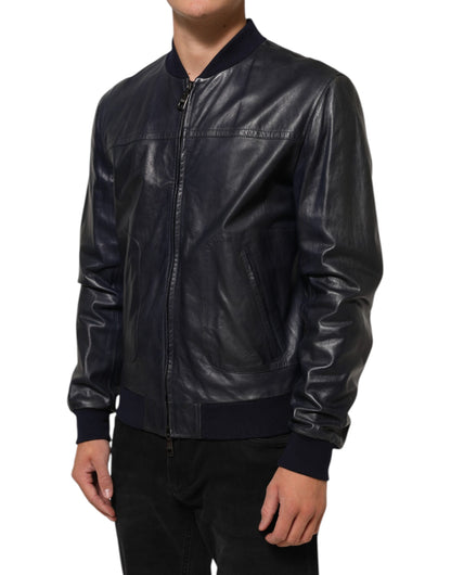 Dolce &amp; Gabbana – Blaue Biker-Blousonjacke aus Leder mit durchgehendem Reißverschluss