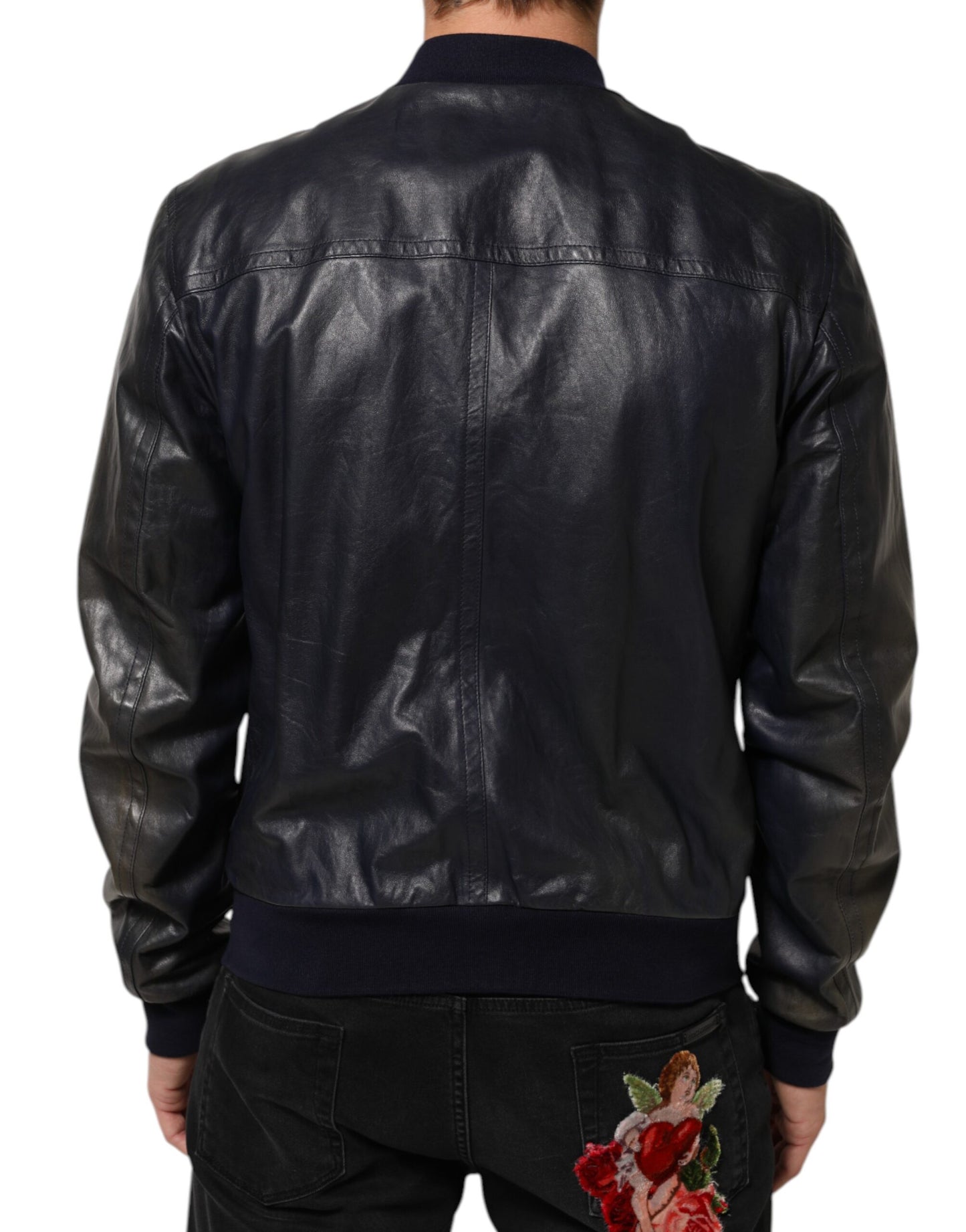 Dolce &amp; Gabbana – Blaue Biker-Blousonjacke aus Leder mit durchgehendem Reißverschluss