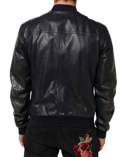 Dolce &amp; Gabbana – Blaue Biker-Blousonjacke aus Leder mit durchgehendem Reißverschluss