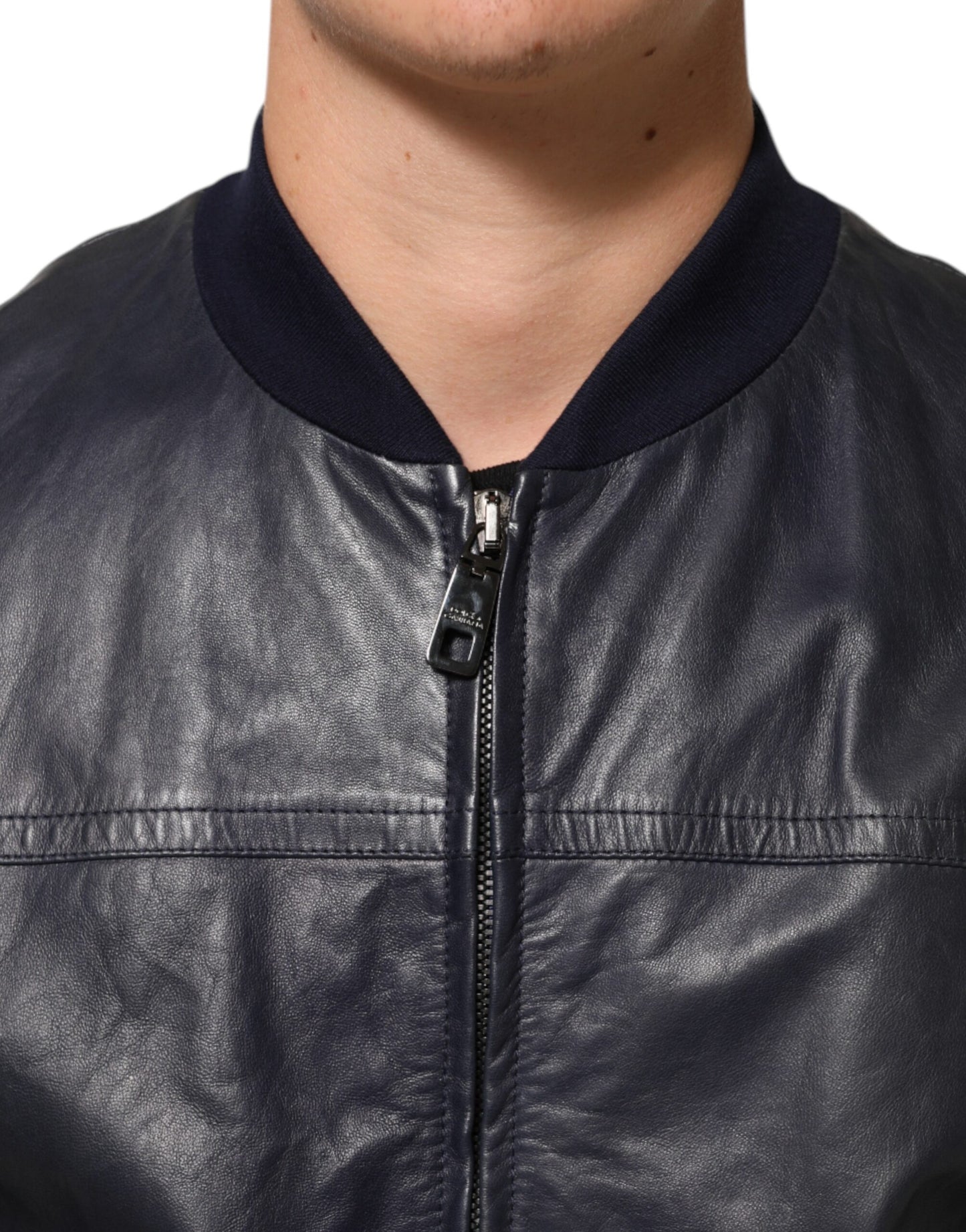 Dolce &amp; Gabbana – Blaue Biker-Blousonjacke aus Leder mit durchgehendem Reißverschluss