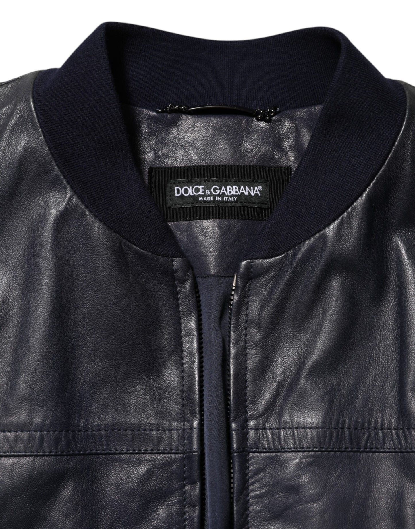 Dolce &amp; Gabbana – Blaue Biker-Blousonjacke aus Leder mit durchgehendem Reißverschluss
