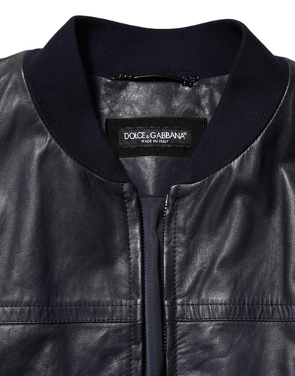 Dolce &amp; Gabbana – Blaue Biker-Blousonjacke aus Leder mit durchgehendem Reißverschluss