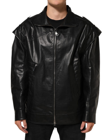Dolce &amp; Gabbana – Schwarze Biker-Blousonjacke aus Leder mit durchgehendem Reißverschluss