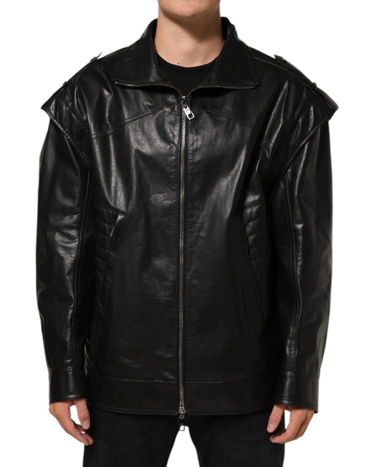 Dolce & Gabbana – Schwarze Biker-Blousonjacke aus Leder mit durchgehendem Reißverschluss