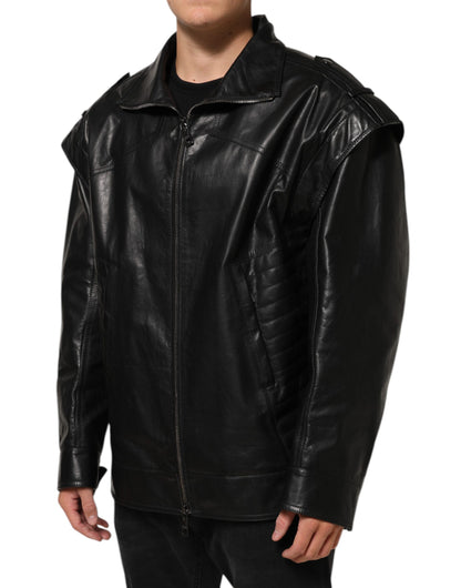 Dolce &amp; Gabbana – Schwarze Biker-Blousonjacke aus Leder mit durchgehendem Reißverschluss