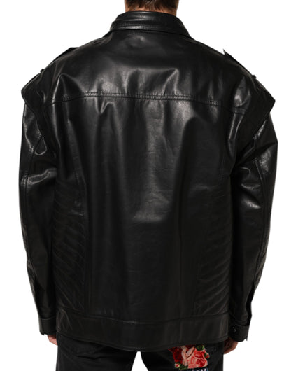 Dolce &amp; Gabbana – Schwarze Biker-Blousonjacke aus Leder mit durchgehendem Reißverschluss