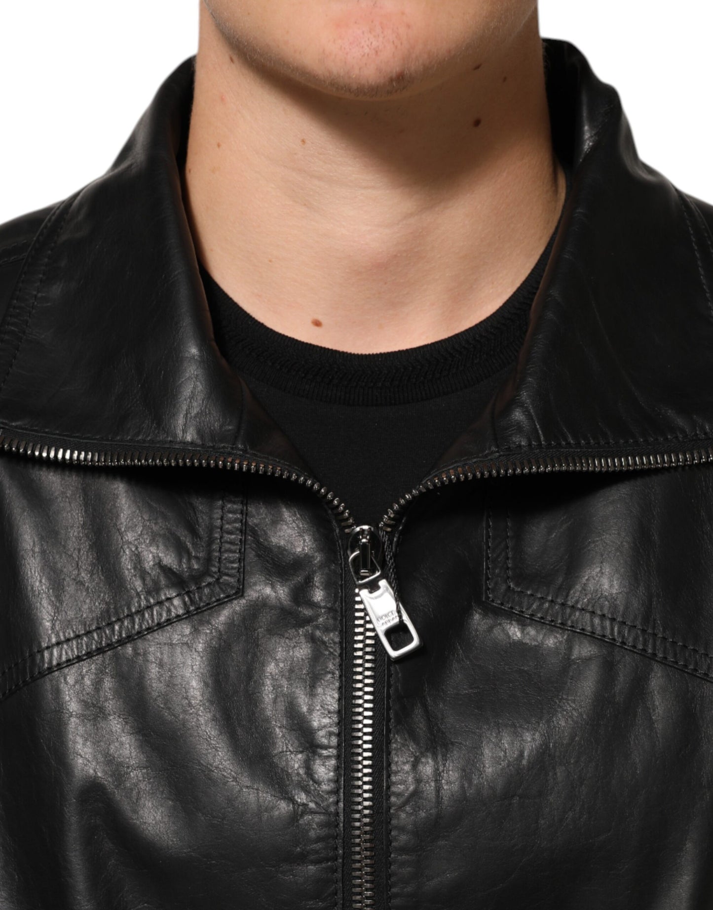 Dolce &amp; Gabbana – Schwarze Biker-Blousonjacke aus Leder mit durchgehendem Reißverschluss
