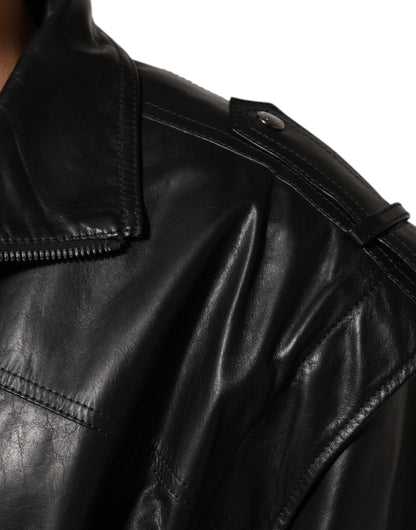 Dolce &amp; Gabbana – Schwarze Biker-Blousonjacke aus Leder mit durchgehendem Reißverschluss