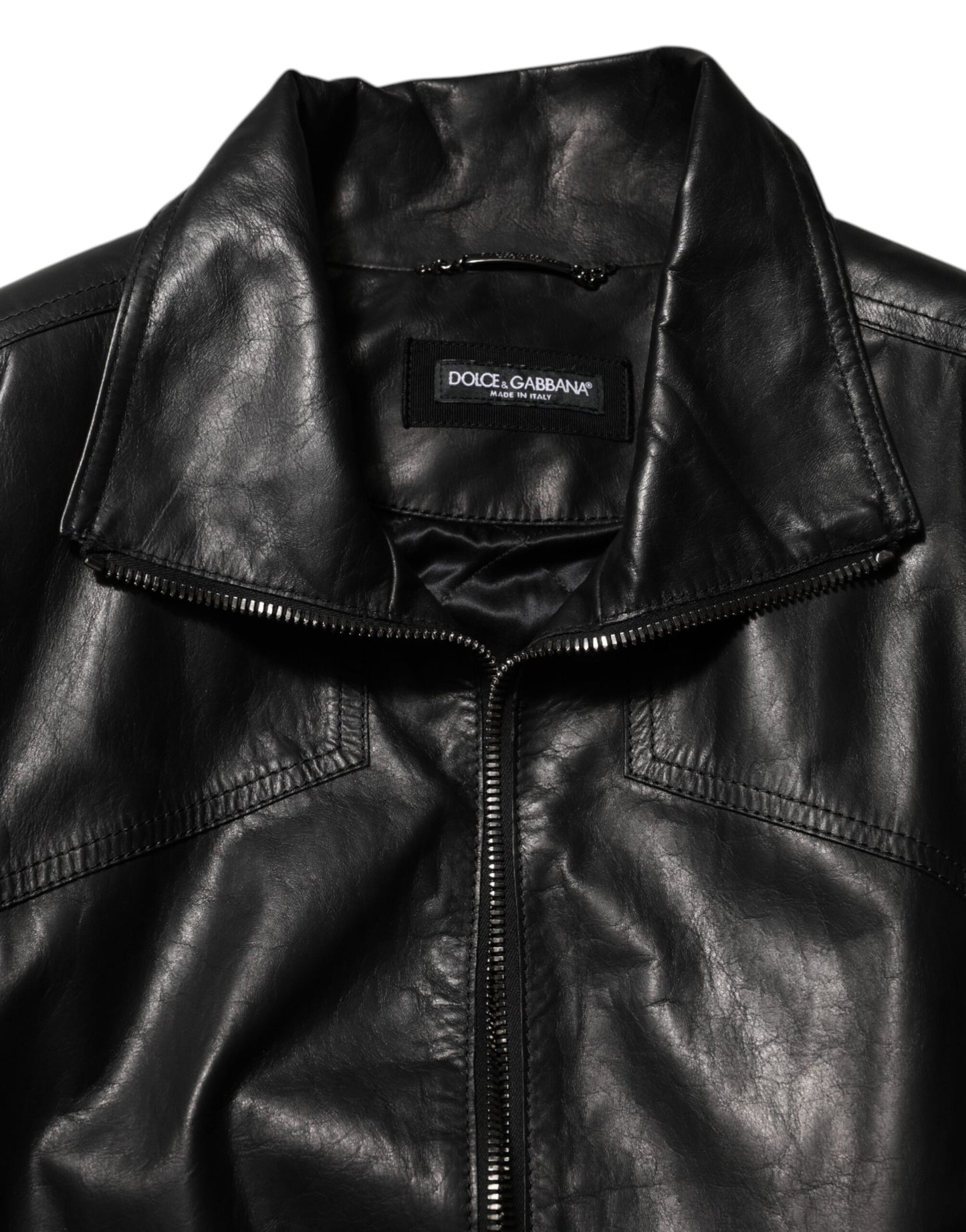 Dolce &amp; Gabbana – Schwarze Biker-Blousonjacke aus Leder mit durchgehendem Reißverschluss