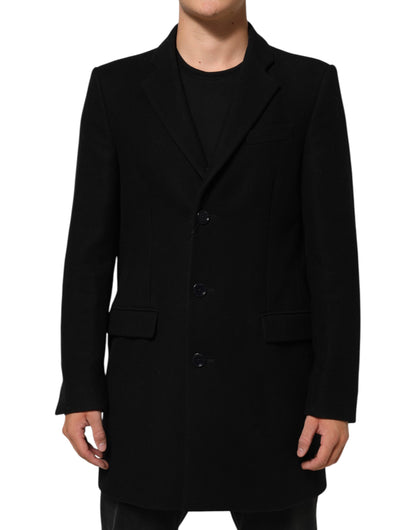 Dolce &amp; Gabbana Schwarze Trenchcoat-Jacke aus Wolle mit Knöpfen für Herren