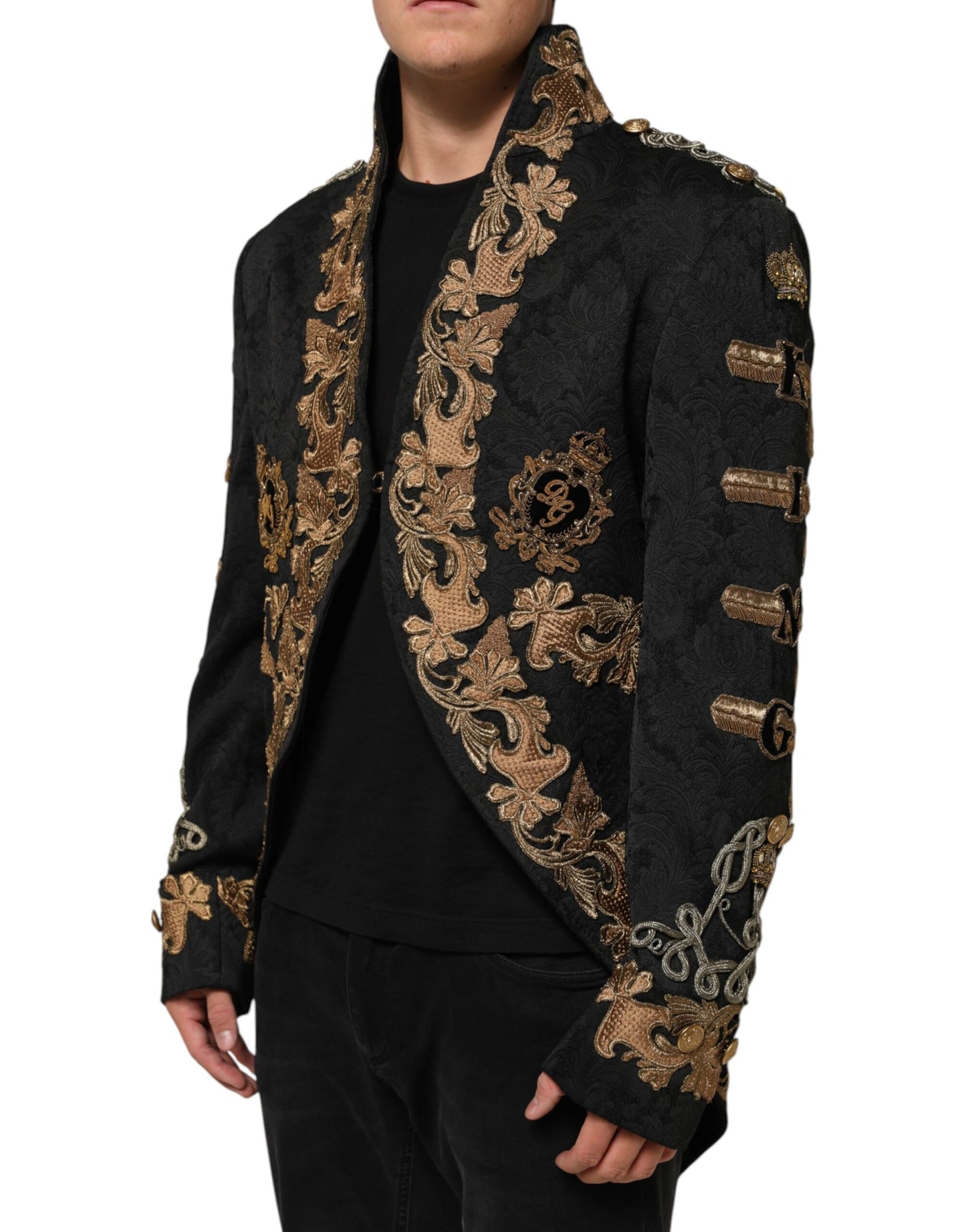 Dolce &amp; Gabbana Schwarze Brokat-Stickerei Herren Manteljacke