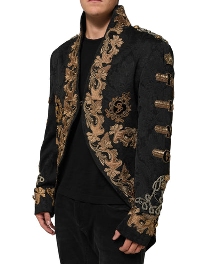 Dolce &amp; Gabbana Schwarze Brokat-Stickerei Herren Manteljacke