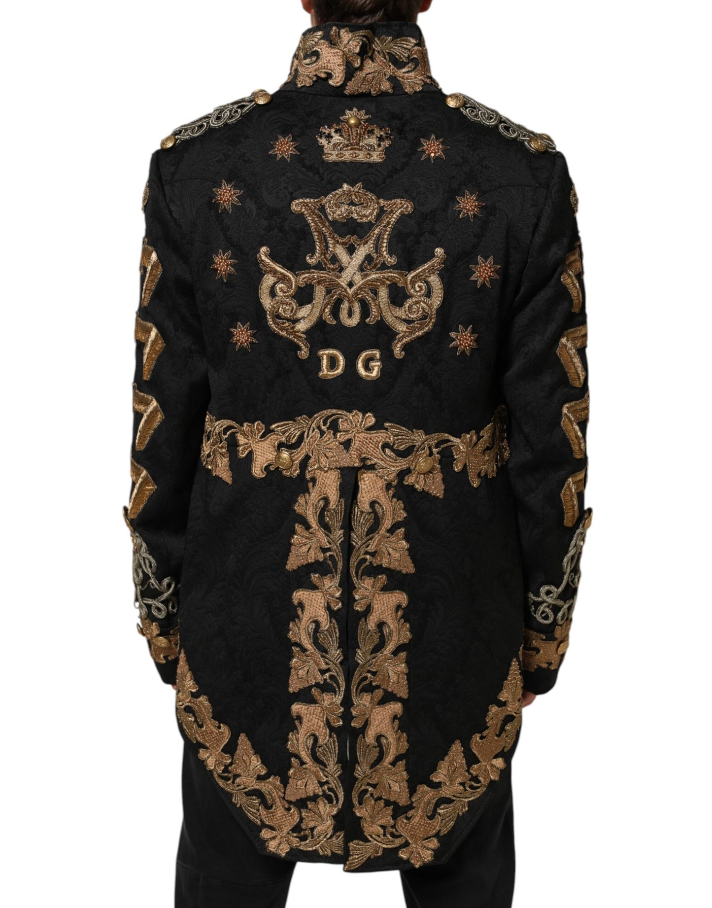 Dolce &amp; Gabbana Schwarze Brokat-Stickerei Herren Manteljacke
