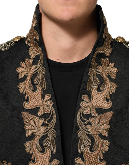 Dolce &amp; Gabbana Schwarze Brokat-Stickerei Herren Manteljacke
